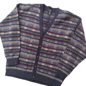 Vintage 90s Fair Isle Mens Shetland Wool Sweater M Blue Grandpa Cardigan